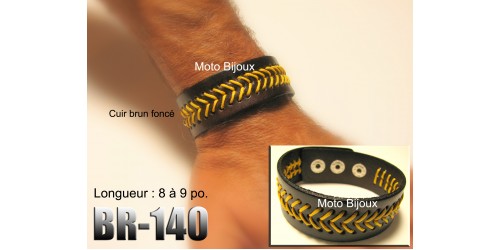 Br-140, Bracelet cuir brun foncé tressé jaune